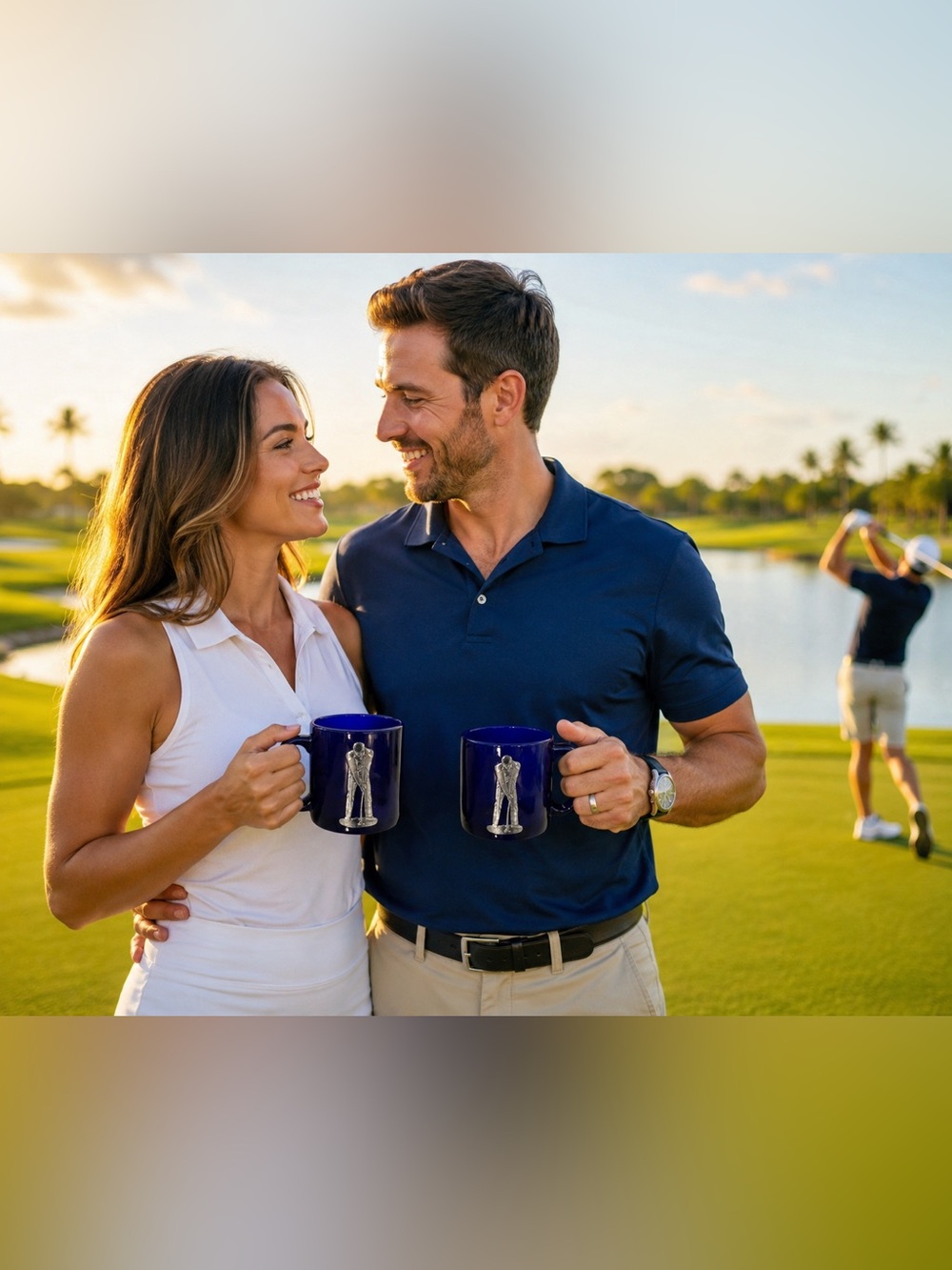 Golf Cobalt Blue Glass Mug Cup with Silver Golfer gentleman Design